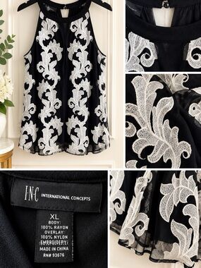 INC, XL, sleeveless, beautiful top with white and embroidery over black fabric
